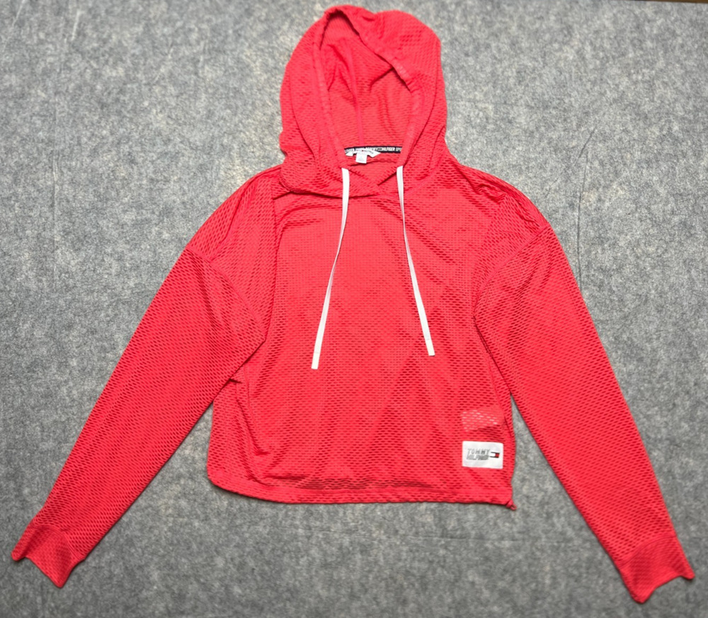 Tommy Hilfiger Sport Mesh Pullover Beach Hoodie Drawstring Pink Coverup Women L